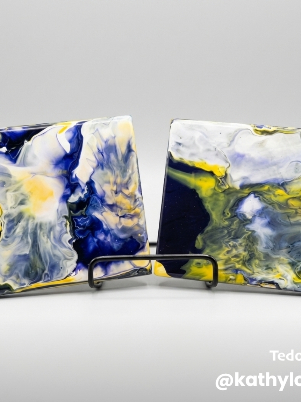 Hand-Poured Abstract Ceramic Coasters in Navy, Yellow & White